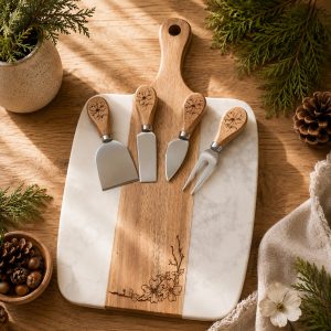 Wood & Marble Serving Tray with Utensil Set
